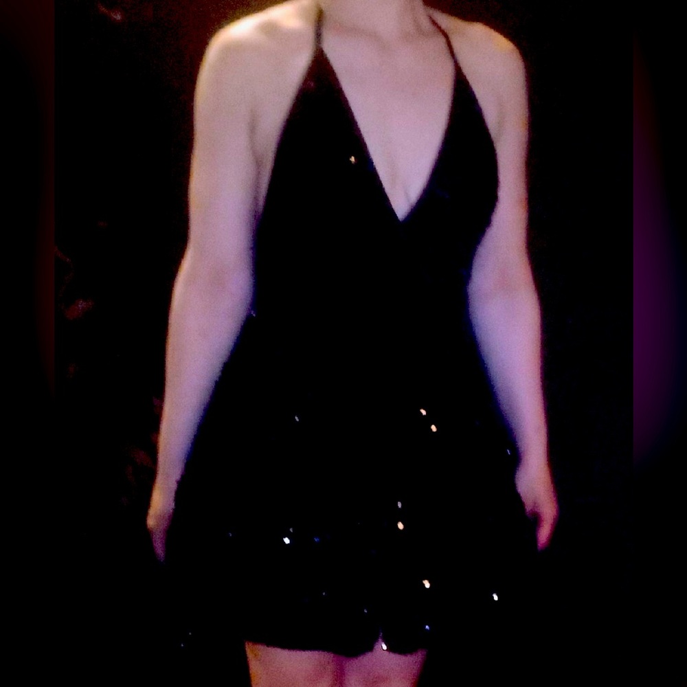 Spaghetti straps black sequin backless mini dress Prom Homecoming NWOT Small